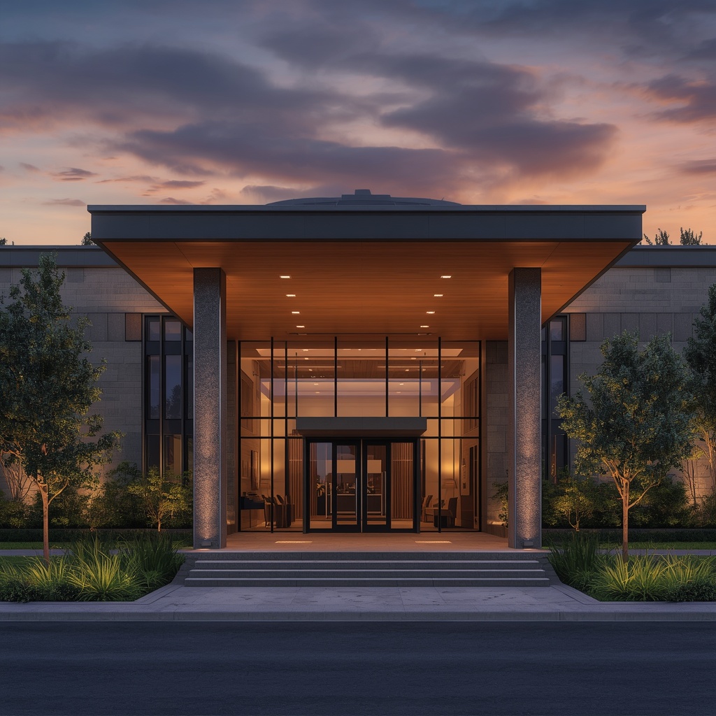 Grand modern building entrance with lush landscaping and warm sunset lighting