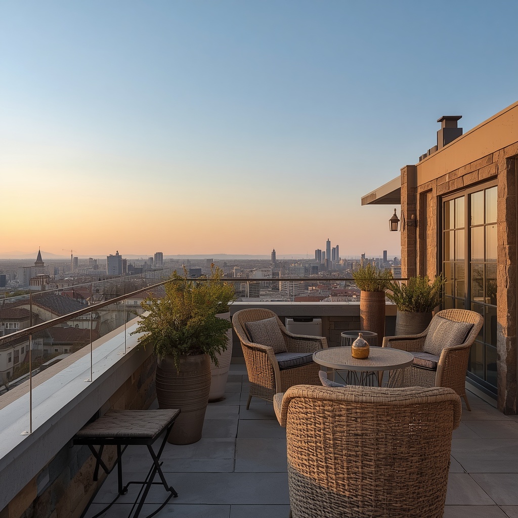 Outdoor terrace with comfortable seating and panoramic city views at golden hour